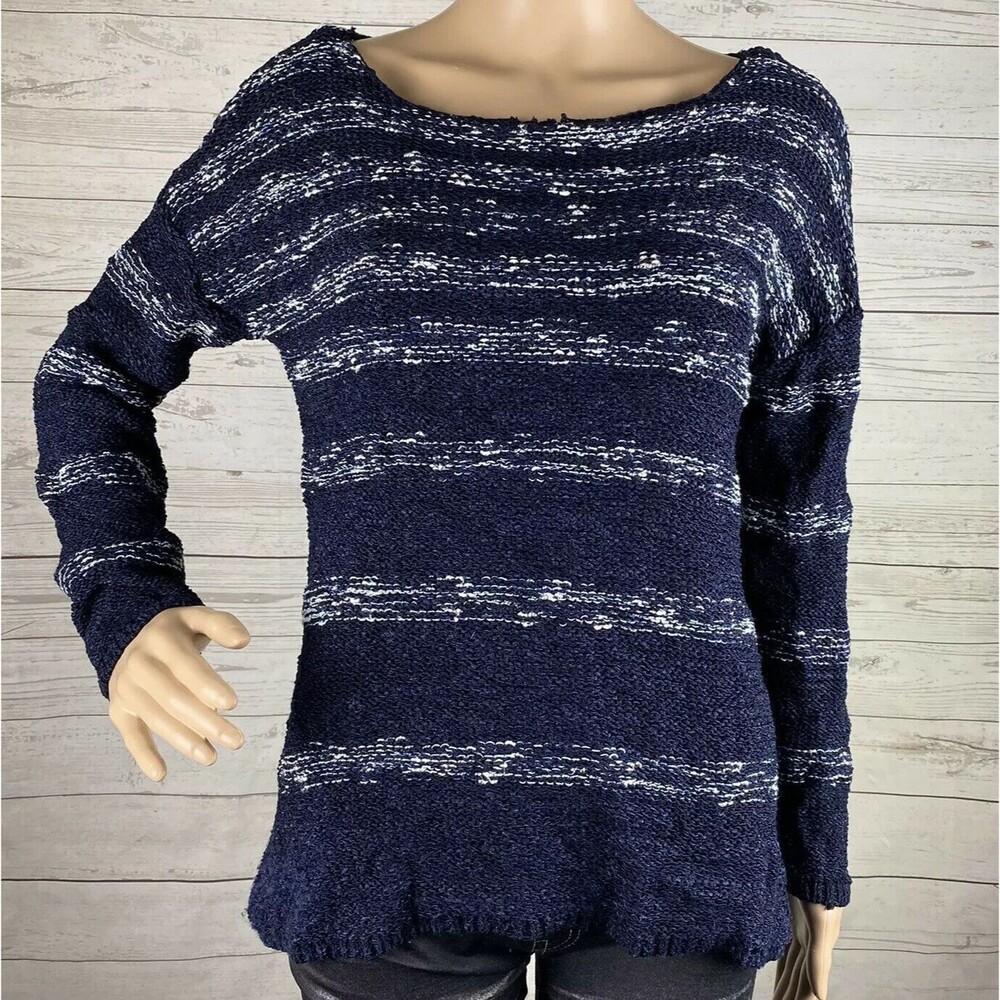 Talbots Petites Sweater Medium Navy Blue White Space Dye Striped Thin Knit Top